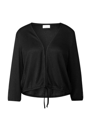 Sort, cropped cardigan lavet af tekstureret mesh-stof, med en V-udskæring, lange ærmer og en snørebåndslukning nederst.