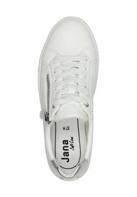 White sneaker with a smooth, synthetic upper, featuring laces and a decorative silver zipper. Cushioned insole with "Jana Softline" branding.