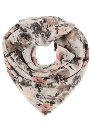 Écharpe triangulaire beige clair avec des motifs floraux doux rose, gris et noir et des bords légèrement effilochés, pliée en boucle.