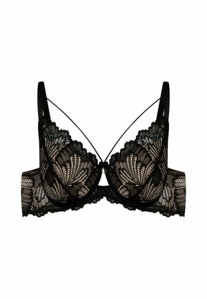 Black lace bra featuring intricate floral patterns, removable padding, dotted mesh accents, and thin adjustable straps. Center hook detail present.