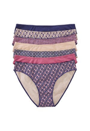 Five pairs of women's briefs in varying colors: navy, pink, beige, featuring different patterns and textures, including floral and geometric designs.