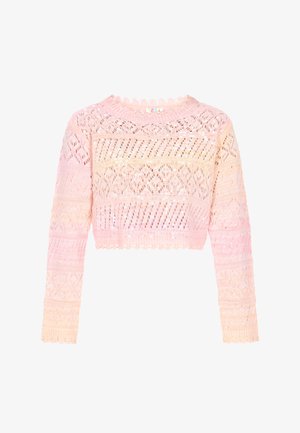 Kvačkana sestra u gradijentnim ružičastim tonovima s dugim rukavima, okruglim izrezom i dekorativnim čipkastim rubom. Sadrži otvorene uzorke po cijeloj površini.