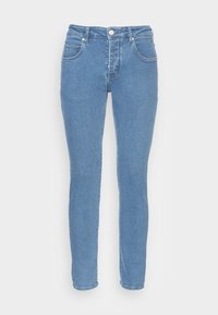 Světle modré džíny z denimu s úzkým střihem, designem s pěti kapsami a knoflíkovým zapínáním. Hladká textura s jemnými detaily vyblednutí.