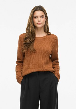 Vrouw met lang bruin haar, gekleed in een bruin gebreide trui en zwarte hoge taille broek, handen in de zakken, tegen een effen witte achtergrond.