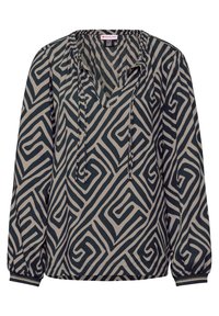 Blusa a maniche lunghe in tessuto leggero, con un motivo geometrico nero e beige, scollatura a V e polsini elasticizzati con bordatura a contrasto.