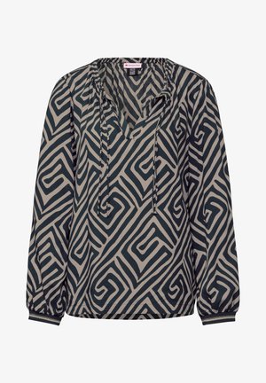 Langärmlige Bluse aus leichtem Stoff, mit einem geometrischen Schwarz-Beige-Muster, V-Ausschnitt und elastischen Bündchen mit Kontrastbesatz.