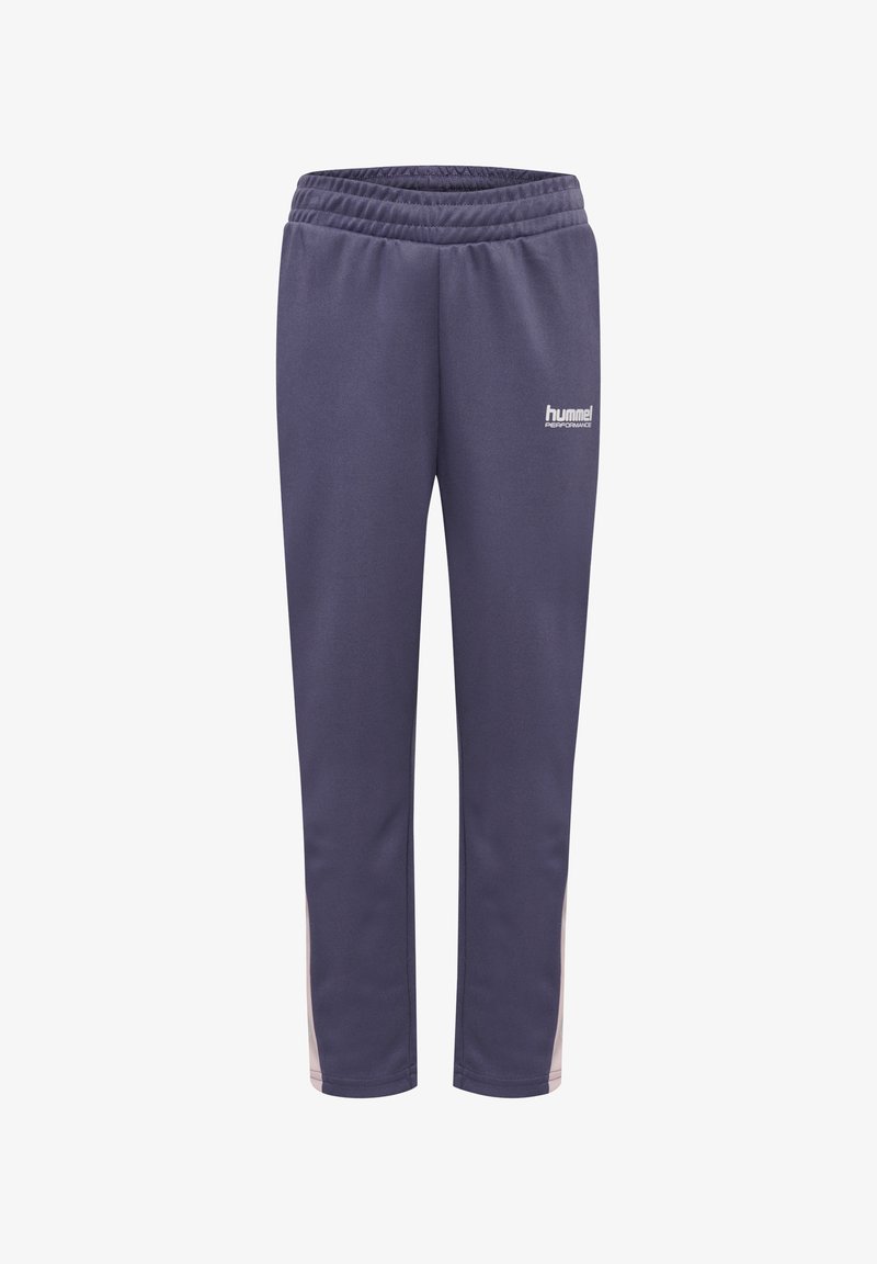 Marineblaue Sporthosen mit einem elastischen Bund, tapered Beinen und hellgrauen Seitenstreifen. Auf der Vorderseite befindet sich ein weißes "hummel"-Logo.