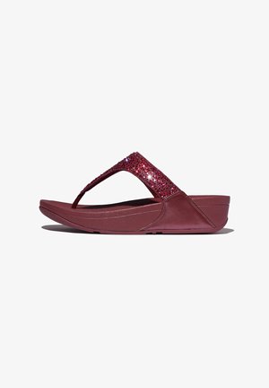 Bordeaux flip-flop met een glanzende, versierde band bezet met rode en roze rhinestones. De zool heeft een lichte kromming voor comfort.