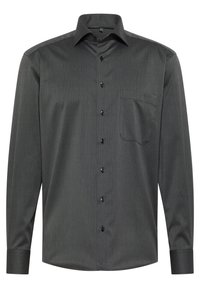 Donkergrijs overhemd met knopen, een gestructureerd patroon, lange mouwen, een borstzak en zwarte knopen.