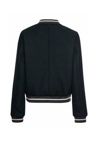 Schwarze kurz geschnittene Jacke mit langen Ärmeln, gerippten Bündchen und Saum, mit einem gestreiften Kragen. Hergestellt aus einem strukturierten Stoff.