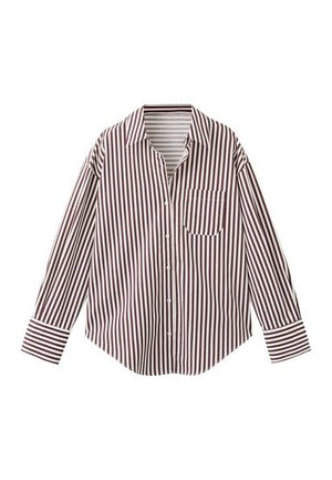 Chemise à manches longues avec boutons, rayures verticales bordeaux et blanches, col pointu, poche poitrine et poignets boutonnés.