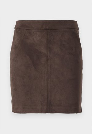 Brown suede mini skirt with a smooth texture, tapered design, and a flat waistband, featuring vertical seams for structure.