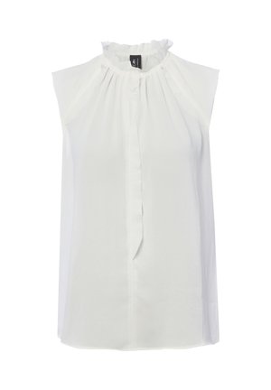 Mouwloze witte blouse met gerafelde hoge halslijn en een verticale plooi detail aan de voorkant.
