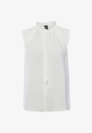 Sleeveless white blouse with ruffled high neckline and a vertical pleat detail at the front.
