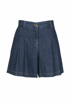 Sötétkék farmer rövidnadrág redőkkel, övbújtatókkal, elől gombos és cipzáras záródással.