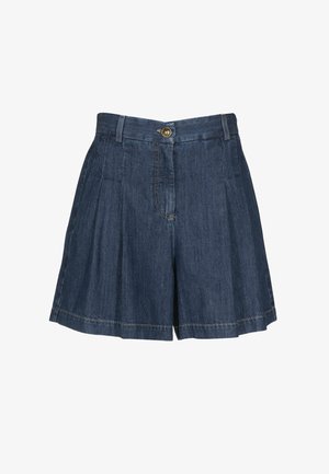 Shorts en denim bleu foncé avec des plis, des passants pour ceinture, un bouton sur le devant et une fermeture éclair.