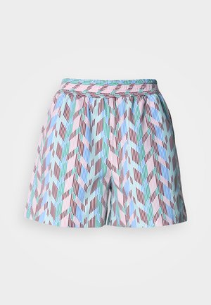 Shorts à motifs avec un design en zigzag bleu, rose et vert, accompagnés de fines rayures verticales. Taille élastique pour plus de confort et un bon maintien.