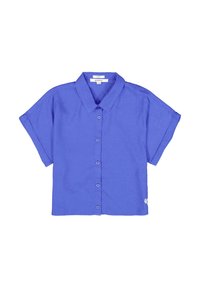 Camisa de manga corta abotonada hecha de lino azul, con cuello y cinco botones, y un sutil acento de logo en el dobladillo.
