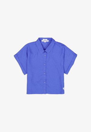 Chemise à manches courtes en lin bleu avec un col, présentant cinq boutons et un accent logo discret sur l'ourlet.