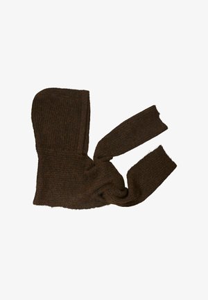 Brown knitted scarf with a textured, ribbed design; features a hood and long, tapered ends for wrapping around the neck.