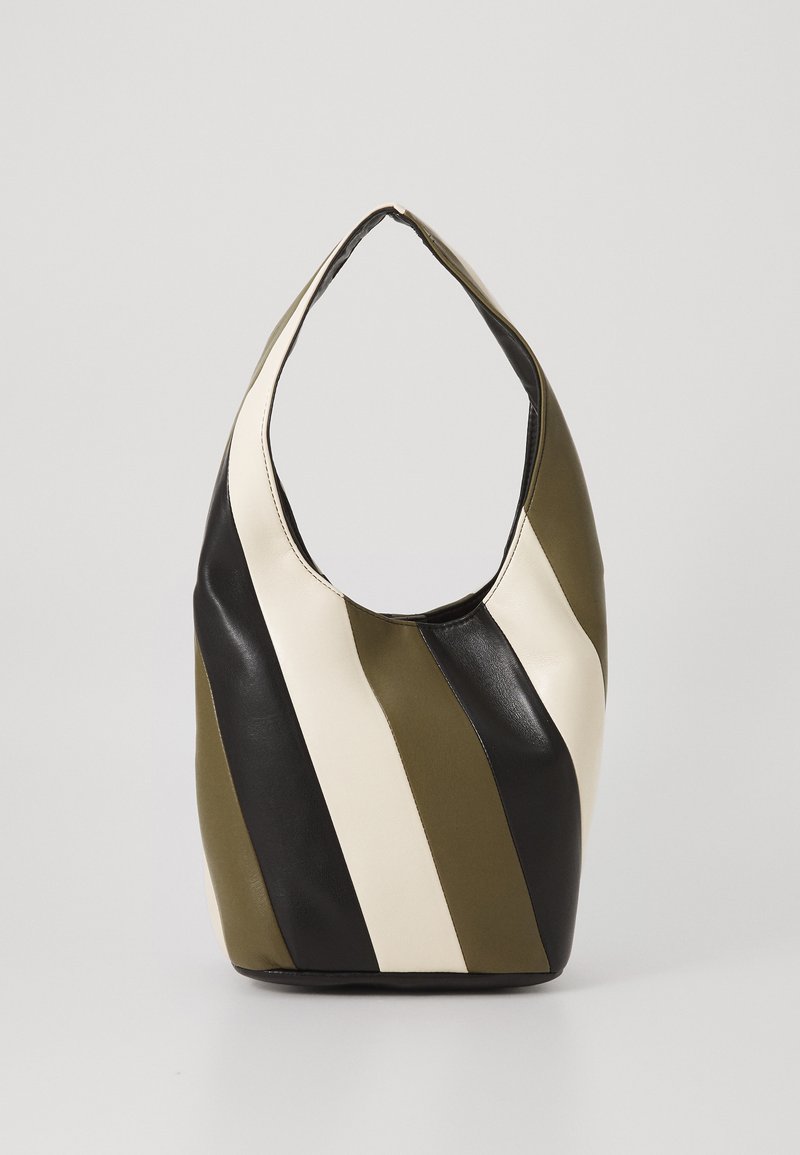 Borsa hobo con forma allungata, realizzata in pelle con strisce nere, verde oliva e crema. Caratterizzata da un'unica maniglia per la spalla e una texture liscia.