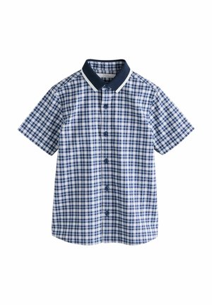 Overhemd met korte mouwen en knopen, met een blauw-wit geruit patroon en een effen donkerblauwe kraag met witte bies.