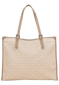 Sac fourre-tout beige avec un extérieur en textile à motif diamants et des anses en cuir lisse. Présente un design spacieux avec un fond plat.