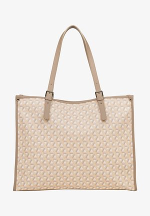Sac fourre-tout beige avec un extérieur en textile à motif diamants et des anses en cuir lisse. Présente un design spacieux avec un fond plat.