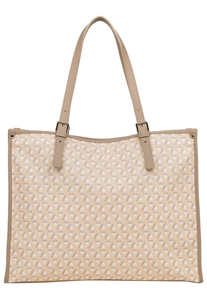 Sac fourre-tout beige avec un extérieur en textile à motif diamants et des anses en cuir lisse. Présente un design spacieux avec un fond plat.
