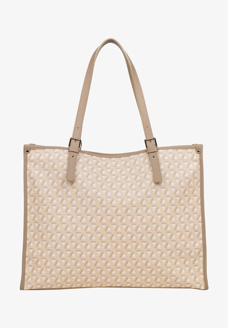 Sac fourre-tout beige avec un extérieur en textile à motif diamants et des anses en cuir lisse. Présente un design spacieux avec un fond plat.