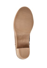 Brown suede shoe with a textured rubber sole. The sole has a ridged pattern for grip, with a slight curve at the heel and size marking.