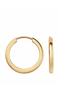 Złote kolczyki w kształcie obręczy o okrągłym kształcie, z gładką, jednolitą powierzchnią i zapięciem na zawias dla łatwego zakładania.