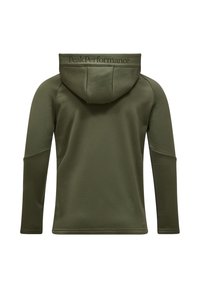 Felpa con cappuccio verde oliva realizzata in morbido tessuto jersey. Presenta un design aderente e un dettaglio logo sulla schiena. Maniche lunghe con accenti testurizzati.