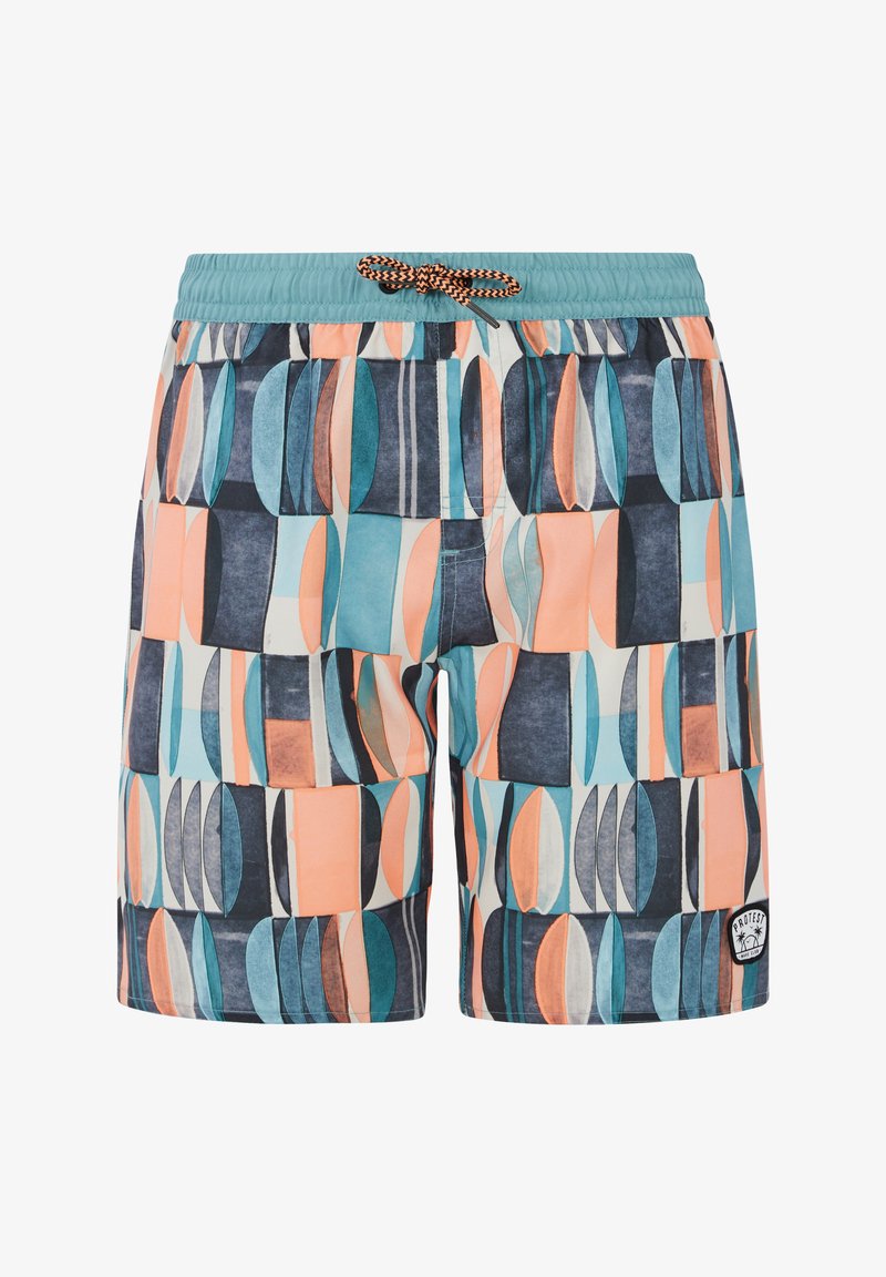 Raštuoti maudymosi šortai su geometrijos dizainais mėlyno, persikų ir tamsiai mėlyno atspalvių, su elastingu juosmeniu ir pintu raišteliu.