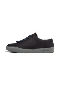 Black sneaker with a textured upper, featuring blue laces, a speckled gray sole, and contrasting stitching along the edges.