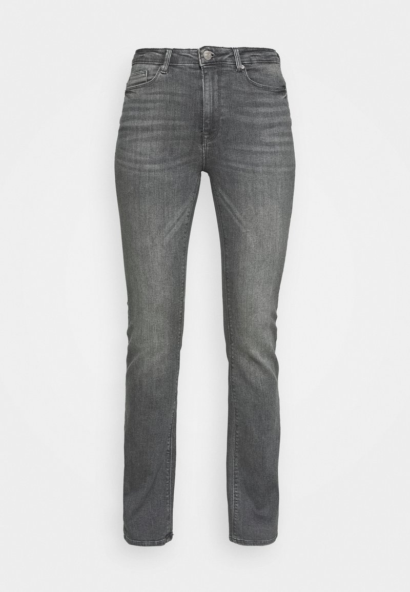 Graue Jeans aus Denim mit geradem Schnitt, Fronttaschen, Knopfverschluss und dezentem Verblassen an den Beinen für Textur und Details.