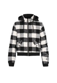 Giacca a hood cropped con un motivo a quadri bianco e nero, dotata di chiusura frontale con zip e due tasche anteriori angolate con bottoni a pressione.