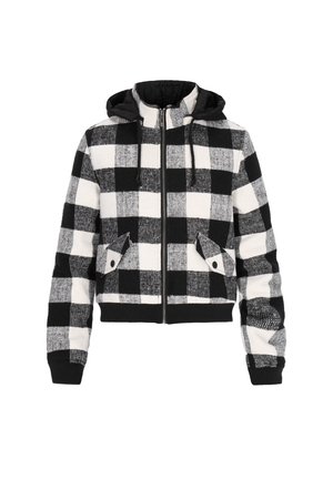 Korte hoodie met een zwart-wit geblokt patroon, voorzien van een rits aan de voorkant en twee schuin geplaatste voorkruiken met drukknoopsluitingen.