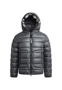 Chaqueta acolchada en gris oscuro, con tejido acolchado, cierre de cremallera, bolsillos laterales y capucha con un forro interior de la marca.