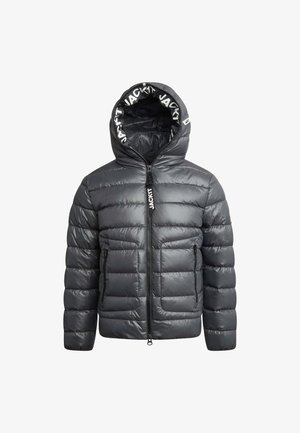 Bunda z peria v tmavošedej farbe, s prešívanou tkaninou, zipsom, bočnými vreckami a kapucňou s vnútornou podšívkou so značkou.