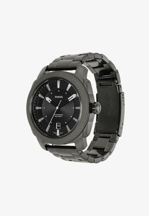 Orologio in acciaio inossidabile nero con lunetta texture, quadrante nero, indicatori delle ore bianchi, indicazione della data alle 6 e bracciale a maglie.