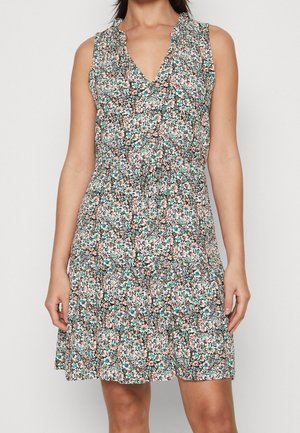 Florales Kleid mit schwarzem Hintergrund, V-Ausschnitt, ärmellos, gerafftes Oberteil und ausgestellter, knielanger Rock.