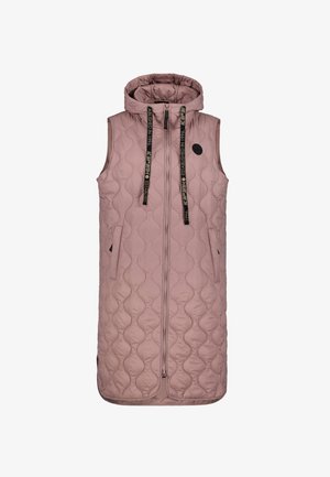 Chaleco largo sin mangas acolchado en rosa polvoriento, con capucha, cremallera frontal, dos bolsillos laterales y cordones negros con texto blanco.
