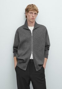 Maglione grigio con zip, colletto alto, vestibilità rilassata e polsini a coste. Indossato sopra una camicia bianca, abbinato a pantaloni neri.