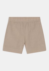 Bermudas de linho bege com cintura elástica, apresentando um design de corte reto e sem padrões ou detalhes em metal adicionais.