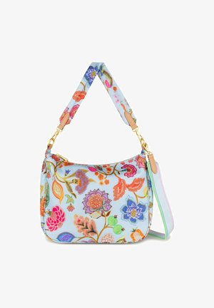 Bloemmotief handtas met een lichtblauwe achtergrond, textielstof, gouden hardware en een meerkleurige band met leren accenten.