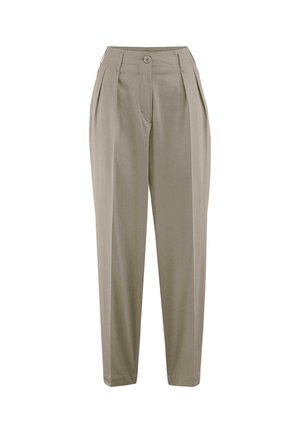 Beige Hosen mit hoher Taille, versehen mit vorderen Falten und einem einzelnen Knopfverschluss. Glatter Stoff, gerade Beine und ohne Muster.