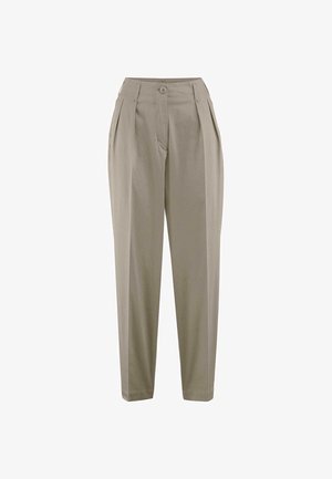 Beige Hosen mit hoher Taille, versehen mit vorderen Falten und einem einzelnen Knopfverschluss. Glatter Stoff, gerade Beine und ohne Muster.