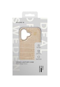 Vegan leather iPhone 16 case in warm beige, featuring a textured croc pattern, circular camera cutout, and minimalistic design.