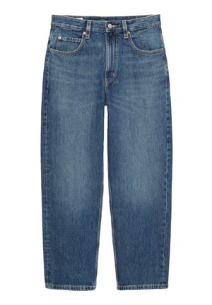 Blue straight-leg denim jeans with front button and zipper closure, belt loops, and five pockets on a white background.